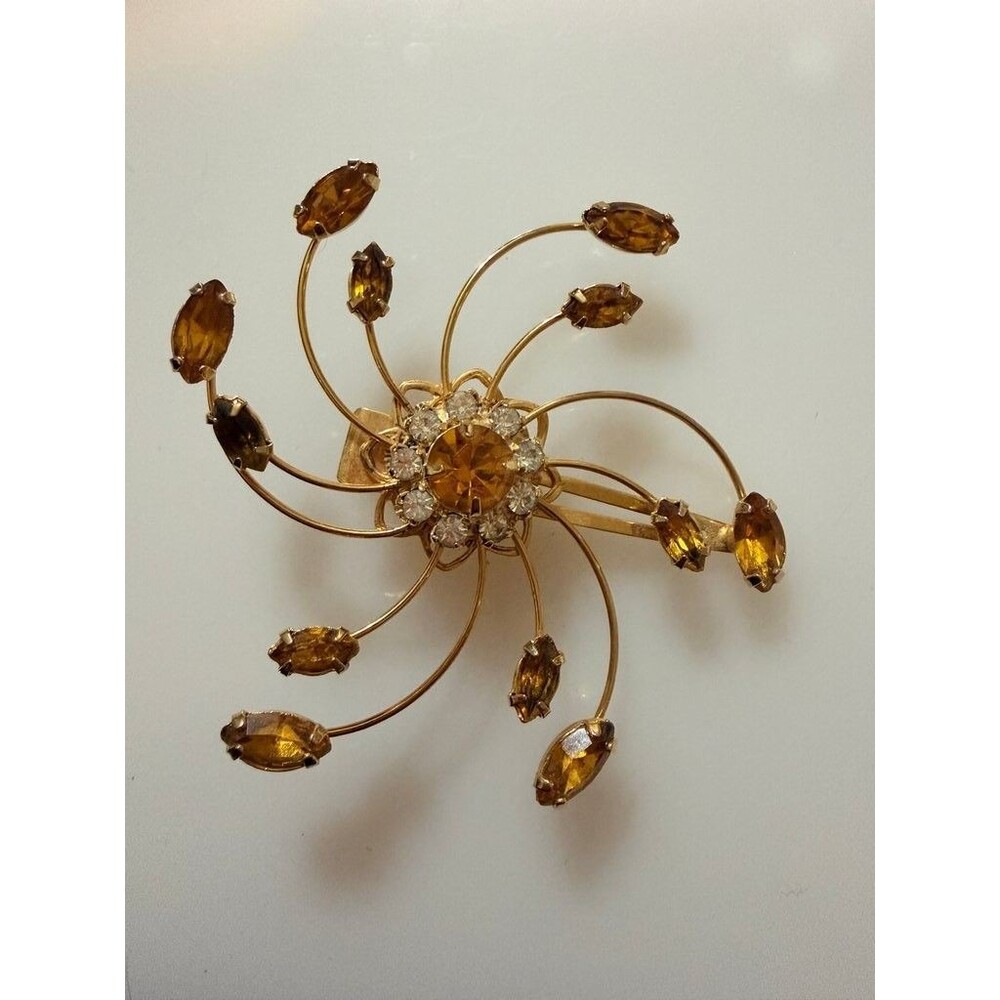 Vintage Gold-Tone Hair Clip with Amber and Clear Rhinestones